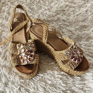Chic Gold Woven Wedges with Gem Accents